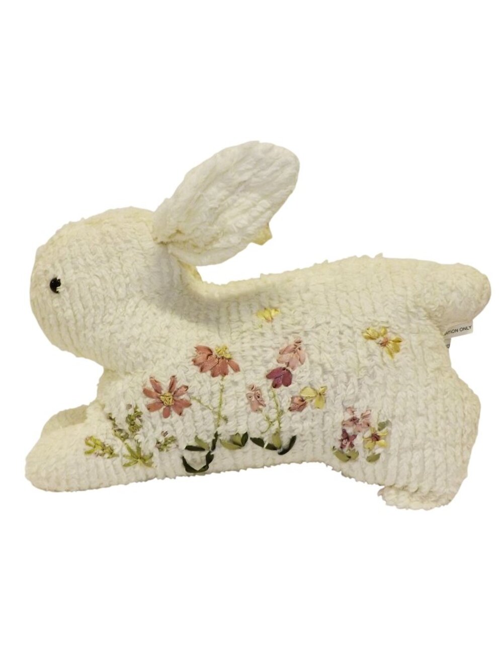 Embroidered Chenille Bunny Rabbit Plush Floral Detail Vtg Inspired Cream Pillow